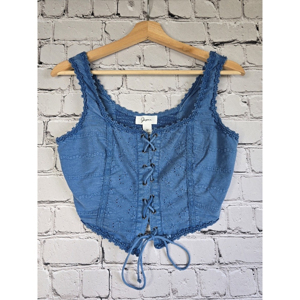 Japna 100% Indian Cotton‎ Blue Milkmaid Blue Eyelet Detail Top Size Medium